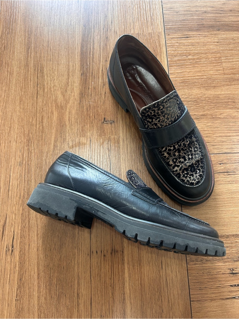 PAUL GREEN NATASHA FLAT LOAFERS LEATHER PLATFORM LEOPARD BLACK - SZ 8
